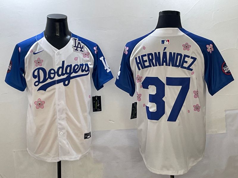Men Los Angeles Dodgers #37 Hernandez White Blue Sakura Edition 2025 Nike MLB Jersey style 8->->